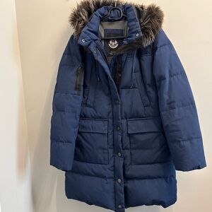 Women's Blue Puffer Coat with Faux Fur Hood